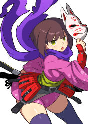  1girl absurdres belt_pouch brown_hair cianter fox_mask green_eyes highres holding holding_mask japanese_clothes kimono looking_at_viewer mask ninja ninjatou pink_kimono pouch purple_thighhighs scarf sekaiju_no_meikyuu sekaiju_no_meikyuu_3 shinobi_(sekaiju) shinobi_4_(sekaiju) short_hair short_sword solo sword thigh-highs weapon zettai_ryouiki 