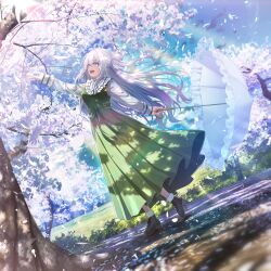  1girl absurdres ahoge ankle_boots bib_collar blue_eyes blue_petals boots breasts bush cherry_blossoms commentary_request day dress falling_petals floating_hair frilled_shirt_collar frilled_sleeves frilled_umbrella frills full_body go-1 green_dress hair_between_eyes hair_bun highres holding holding_umbrella light_rays long_dress long_hair long_sleeves magalmina medium_breasts melvi_malroze official_art one_side_up open_hand open_mouth outdoors outstretched_arms petals pleated_dress sidelocks sky sleeveless sleeveless_dress smile socks solo standing sunlight tree umbrella very_long_hair white_hair white_petals white_socks white_umbrella 