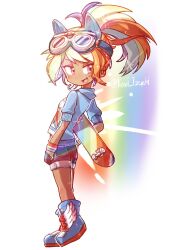  1girl :d animal_ears blue_boots blush boots breasts commentary dark-skinned_female dark_skin denim denim_shorts fang goggles goggles_on_head high_ponytail highres holding holding_skateboard horse_ears horse_girl kari_izuchi kotobukiya_bishoujo looking_at_viewer multicolored_hair my_little_pony my_little_pony:_friendship_is_magic open_mouth personification petite pink_eyes ponytail rainbow_dash rainbow_dash_(bishoujo) rainbow_hair shorts signature simple_background skateboard small_breasts smile solo tan tomboy white_background winged_boots wristband 