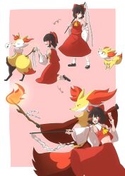  1girl arrow_(symbol) ascot between_fingers black_shoes blush bow braixen brown_eyes brown_hair chest_sarashi commentary_request crossover delphox detached_sleeves evolutionary_line fang fennekin fire fox gohei hair_bow hair_tubes hakurei_reimu highres holding holding_gohei holding_ofuda holding_stick kneeling long_hair mary_janes midriff_peek murai_nagisa musical_note navel ofuda ofuda_between_fingers open_mouth pokemon pokemon_(creature) pokemon_xy red_bow red_skirt sarashi shoes skirt skirt_set smile socks spoken_musical_note stick touhou white_socks yellow_ascot yellow_fur 