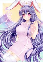  1girl absurdres alternate_costume animal_ears breasts collared_dress dress hat highres holding holding_notepad large_breasts long_hair notepad nurse nurse_cap pink_dress pink_eyes pink_hat puffy_short_sleeves puffy_sleeves purple_hair rabbit_ears rabbit_girl reisen_udongein_inaba short_sleeves solo thigh-highs touhou touhou_lostword very_long_hair white_thighhighs wings yuuki_hana_(jtnp5334) 