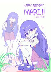  1girl 2026 :d ^_^ ankle_socks arms_behind_back bare_arms bare_legs blush breasts bright_pupils brown_skirt character_name closed_eyes collared_shirt colored_skin commentary crossed_arms dated double-parted_bangs egret_orchid elbows_on_knees english_text facing_viewer fingernails flower full_body grin hair_behind_ear hair_between_eyes happy_birthday head_tilt heart highres iomor_snuuy knees_together_feet_apart knees_up korean_commentary lily_of_the_valley long_hair looking_at_viewer mari_(headspace)_(omori) mari_(omori) mary_janes miniskirt multiple_views neckerchief omori open_mouth pleated_skirt purple_shoes purple_sweater_vest red_neckerchief shirt shoes short_sleeves simple_background sitting skirt small_breasts smile socks standing standing_on_one_leg straight_hair sweater_vest tareme tongue very_long_hair violet_eyes white_background white_flower white_pupils white_shirt white_skin white_socks 