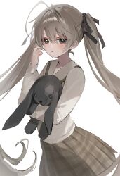  1girl aco_(aco_7313) antenna_hair black_ribbon blush brown_eyes brown_skirt commentary_request cowboy_shot dot_nose grey_hair hair_between_eyes hair_ribbon hand_on_own_cheek hand_on_own_face hand_up hashtag-only_commentary highres holding holding_stuffed_toy kasugano_sora light_blush long_hair long_sleeves looking_at_viewer open_mouth parted_lips plaid_clothes plaid_skirt pleated_skirt ribbon simple_background skirt solo standing stuffed_animal stuffed_rabbit stuffed_toy sweater tongue twintails v-neck very_long_hair white_background white_sweater yosuga_no_sora 