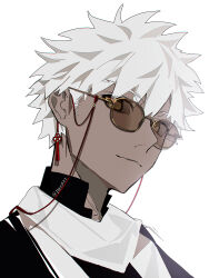  1boy absurdres artist_name brown_eyes dark-skinned_male dark_skin eeju emiya_shirou fate/grand_order fate_(series) highres male_focus messy_hair senji_muramasa_(fate) senji_muramasa_(third_ascension)_(fate) signature smile solo spiky_hair sunglasses twitter_username white_hair 