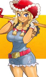  1girl :q absurdres arm_tattoo belt blonde_hair blue_eyes blue_overalls braid breasts cowboy_hat cowgirl_(western) freckles gloves hashtag-only_commentary hat highres holding holding_pitchfork jeff_miga kitt_(pokemon) large_breasts long_hair looking_at_viewer overall_shorts overalls pitchfork pokemon pokemon_champions red_hat simple_background smile solo tattoo thick_thighs thighs tongue tongue_out twin_braids white_gloves 