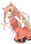  :d \n/ animal_ears bare_shoulders brown_hair dress fox_ears fox_tail long_hair maeda_risou open_mouth original red_dress red_eyes simple_background smile solo symbol-shaped_pupils tail white_background 