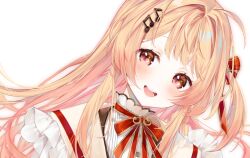  1girl :d ahoge aimi_(mimi_nii2) black_trim blonde_hair blush bow brown_eyes buttons colored_inner_hair cutout_eyelashes eyes_visible_through_hair frilled_sailor_collar frilled_shirt frills gold_trim gradient_hair hair_bow hair_intakes hair_ornament hashtag-only_commentary head_tilt highres hololive hololive_dev_is light_particles long_hair looking_at_viewer multicolored_hair musical_note musical_note_hair_ornament neck_ribbon one_side_up open_mouth orange_hair otonose_kanade otonose_kanade_(1st_costume) pale_skin portrait red_bow red_ribbon ribbon round_teeth sailor_collar shirt sidelocks simple_background smile solo sparkle tareme teeth tongue turtleneck turtleneck_shirt two-tone_hair very_long_hair virtual_youtuber white_background white_shirt yellow_sailor_collar 