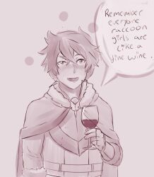  1boy :d alcohol armor belt blush breastplate cloak commentary cup drinking_glass elbow_gloves english_commentary english_text fingerless_gloves fur-trimmed_gloves fur-trimmed_hood fur_trim gloves hair_between_eyes holding holding_cup hood hood_down hooded_cloak iwatani_naofumi kiln_firelink layered_shirt male_focus messy_hair monochrome open_mouth red_wine shirt_belt short_hair short_sleeves simple_background smile solo speech_bubble spot_color talking tate_no_yuusha_no_nariagari teeth upper_body upper_teeth_only wine wine_glass 