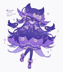  alternate_color bare_shoulders black_dress black_hair black_hat black_leggings black_sleeves bow commentary detached_sleeves dress full_body hat hibi89 leggings looking_at_viewer personification pokemon pumpkaboo purple_bow purple_shoes purple_skirt ribbon shiny_pokemon shoes short_twintails simple_background skirt sleeves_past_fingers sleeves_past_wrists solo standing twintails untranslatable_commentary white_background witch_hat yellow_bow yellow_eyes yellow_ribbon 