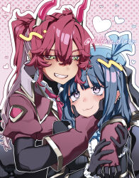  2girls black_bodysuit black_jacket blue_hair bodysuit breasts comic_lo commentary_request duel_monster evil_twin_ki-sikil evil_twin_lil-la green_eyes heart highres iruka_no_kasa_(dolphin_diary) jacket ki-sikil_(yu-gi-oh!) lil-la_(yu-gi-oh!) multiple_girls pink_background red_hair red_jacket short_hair twintails violet_eyes yu-gi-oh! 