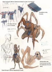  1boy arthropod_boy artist_name blue_fundoshi brown_fur commentary_request concept_art demon_days_(marvel) english_text extra_eyes extra_legs fundoshi graphite_(medium) highres japanese_clothes kumosuke_(marvel) male_focus mandibles marvel mixed-language_text monster_boy official_art painting_(medium) partially_translated peach_momoko reference_sheet silk solo spider-man spider_boy traditional_media translation_request watercolor_(medium) white_background 