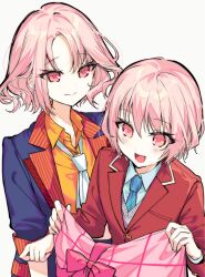  1girl 1other :d aged_down aimi_(mimi_nii2) akiyama_mizuki akiyama_mizuki_(middle_school) akiyama_yuuki black_jacket blazer blue_necktie bow buttons collared_shirt curtained_hair dot_nose eyes_visible_through_hair fingernails from_above grey_sweater hair_between_eyes hands_up hashtag-only_commentary highres holding holding_shirt holding_unworn_clothes jacket lapels layered_sleeves long_sleeves looking_at_another looking_at_object looking_down necktie notched_lapels open_mouth orange_shirt pale_skin pink_bow pink_eyes pink_hair pink_shirt plaid_clothes plaid_shirt project_sekai raised_eyebrows red_jacket school_uniform shirt short_hair siblings simple_background smile striped_clothes sweater three-quarter_sleeves tsurime unworn_shirt upper_body vertical-striped_clothes white_background white_necktie white_shirt 