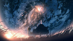  1girl absurdres black_hair blue_sky blurry clouds commentary_request depth_of_field dress fisheye furi0831 grass highres instrument landscape music original outdoors piano playing_instrument playing_piano scenery sidelocks sitting sky sleeveless star_(sky) sunset white_dress 