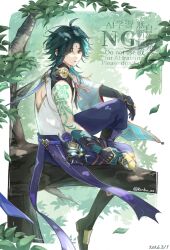  1boy ahoge aqua_hair arm_tattoo artist_name asymmetrical_gloves back_cutout bead_necklace beads bird black_boots black_gloves blue_pants boots branch cape clothing_cutout colored_inner_hair commentary dated detached_sleeves eyeliner facial_mark falling_leaves forehead_mark genshin_impact gloves green_gloves green_hair highres in_tree jewelry knee_up leaf looking_to_the_side makeup male_focus mask mismatched_gloves multicolored_hair necklace pants parted_bangs parted_lips purple_cape purple_sash red_eyeliner rinbo_7140 sash shirt short_hair sidelocks single_detached_sleeve sitting sitting_in_tree sleeveless sleeveless_shirt solo streaked_hair tassel tattoo thigh_strap tree twitter_username untranslatable_commentary unworn_mask watermark white_shirt wide_sleeves xiao_(genshin_impact) yellow_eyes 