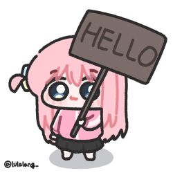  1girl :3 black_skirt blue_eyes bocchi_the_rock! chibi chibi_only closed_mouth commentary english_commentary full_body gotoh_hitori highres holding holding_sign jacket long_hair looking_at_viewer lulalang one_side_up pink_hair pink_jacket sign simple_background skirt smile solo standing twitter_username white_background 