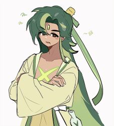  1boy bamboo_blade_cookie blush brown_eyes commentary cookie_run cookie_run:_ovenbreak crossed_arms green_hair long_sleeves open_clothes open_shirt scar solo user_njwf4574 white_background 