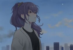  1girl aose_(aose_pp) arms_at_sides asahina_mafuyu black_shirt blue_sky breasts brown_cardigan brown_scrunchie building cardigan clouds collarbone commentary_request expressionless film_grain from_below hair_between_eyes hair_ornament hair_over_shoulder hair_scrunchie half-closed_eyes high_ponytail highres long_hair long_sleeves looking_afar looking_up moon open_cardigan open_clothes parted_lips ponytail project_sekai puffy_long_sleeves puffy_sleeves purple_hair scrunchie shirt sidelocks sideways_mouth sky small_breasts solo swept_bangs tareme upper_body violet_eyes wavy_hair 