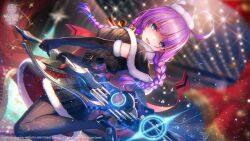  1girl :d ahoge belt black_belt black_capelet black_gloves black_hat black_pantyhose black_shoes black_skirt black_sweater blue_eyes blunt_bangs blurry blurry_background blush bow braid breasts capelet christmas copyright_name copyright_notice curtains date_akari date_akari_(holiday_star_night) depth_of_field dutch_angle elbow_gloves eyelashes foot_out_of_frame fur-trimmed_capelet fur-trimmed_gloves fur-trimmed_headwear fur-trimmed_skirt fur_trim glint gloves hat heaven_burns_red high_heels highres holding holding_weapon huge_ahoge indoors large_breasts light_particles long_hair looking_at_viewer low_twin_braids multicolored_hair official_alternate_costume official_art official_wallpaper open_mouth pantyhose plaid_clothes plaid_skirt purple_hair purple_streaks red_bow ribbed_sweater santa_costume santa_hat shoes skirt skirt_bow smile solo standing standing_on_one_leg streaked_hair sweater twin_braids two-sided_fabric two-sided_skirt weapon 