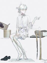  2others bare_legs barefoot black_gloves black_shoes broken broken_sword broken_weapon bucket colored_skin commentary cracked_skin crystal crystal_hair diamond_(gemstone) diamond_(houseki_no_kuni) ghost_to_human gloves hand_on_own_thigh highres holding holding_bucket hospital_gown houseki_no_kuni looking_to_the_side multiple_others scabbard sheath shoes sparkle sword unworn_shoes weapon white_background white_hair white_skin 