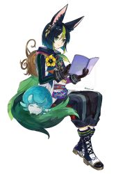  1boy animal_ear_fluff animal_ears artist_name asymmetrical_sleeves black_gloves black_hair black_pants black_shirt blue_boots blue_pants blunt_ends bob_cut book boots bright_pupils brown_eyes brown_gloves cape capri_pants closed_mouth commentary_request drawstring earrings flower fox_boy fox_ears fox_tail fungi_(genshin_impact) genshin_impact gloves gold_earrings green_cape green_eyes green_hair hair_between_eyes hands_up highres holding holding_book holding_quill hood hood_down hoodie jewelry lace-up_boots long_sleeves looking_at_viewer male_focus mugi_(kyom_ugi) multicolored_eyes multicolored_gloves multicolored_hair multicolored_hoodie multicolored_pants open_book pants purple_sash quill rope sash shirt short_hair short_sleeves simple_background single_earring sitting smile solo streaked_hair tail tighnari_(genshin_impact) turtleneck twitter_username two-tone_eyes two-tone_gloves uneven_sleeves watermark white_background white_pupils wrist_cuffs yellow_flower 