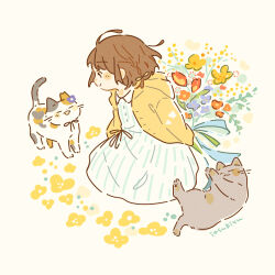  1girl animal artist_name blush_stickers bouquet brown_hair buttons calico_(pattern) calico_cat cat closed_mouth collared_dress commentary dress english_commentary flower full_body grey_cat holding holding_bouquet hood hood_down hoodie itsuki_yuu long_sleeves open_clothes open_hoodie original short_hair simple_background sitting smile solo striped_clothes striped_dress vertical-striped_clothes vertical-striped_dress white_background white_dress yellow_hoodie 