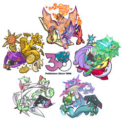  anniversary budew charizard charmander charmeleon closed_eyes closed_mouth club_(weapon) coin commentary copyright_name dragapult dragon dragon_wings drakloak dreepy english_commentary evolutionary_line fangs fire flame-tipped_tail gardevoir genesect gholdengo gimmighoul gimmighoul_(chest) gold_coin highres holding holding_club holding_mask holding_weapon kirlia latias lunatone mask mega_gardevoir mega_pokemon misdreavus motion_blur munkidori official_art_inset ogerpon ogerpon_(teal_mask) on_head one_eye_closed open_mouth pidgeot pokemon pokemon_(creature) pokemon_on_head pokemon_tcg raging_bolt ralts simple_background smile solrock spiked_club tail terastallization the_living_machine weapon white_background wings 