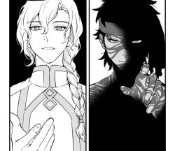  2boys angra_mainyu_(fate) braid braided_ponytail commentary dark-skinned_male dark_skin facial_tattoo fate/grand_order fate_(series) full-body_tattoo greyscale gyogyo_hjj hair_between_eyes hair_over_shoulder hand_tattoo headband male_focus marisbury_animusphere monochrome multiple_boys ringed_eyes shaded_face single_braid split_screen tattoo untranslatable_commentary 