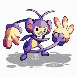  ambipom commentary english_commentary grin hand_tail looking_at_viewer mistray-art multiple_tails no_humans numbered pokemon pokemon_(creature) purple_fur signature simple_background smile solo tail two_tails white_background 