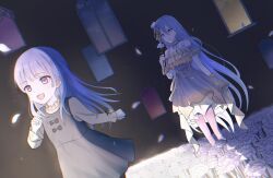  2girls :d aged_down aose_(aose_pp) arm_at_side bare_arms bare_shoulders behind_another black_bow black_dress black_ribbon blue_hair blunt_bangs blurry bow building child choker chromatic_aberration closed_mouth commentary_request cowboy_shot depth_of_field double-parted_bangs dress dress_bow dual_persona dutch_angle falling_petals feet_out_of_frame field film_grain flower flower_field frilled_choker frilled_dress frilled_shirt frilled_sleeves frills grey_eyes hair_between_eyes hair_flower hair_ornament hairband halterneck hand_up highres light_particles long_hair long_sidelocks long_sleeves looking_ahead looking_at_another multiple_girls off-shoulder_dress off_shoulder open_mouth outdoors pale_skin pantyhose pearl_hairband petals petticoat pink_pantyhose project_sekai puffy_long_sleeves puffy_sleeves ribbon ribbon-trimmed_sleeves ribbon_trim rose running shirt short_dress short_sleeves sidelighting sidelocks sleeveless sleeveless_dress smile sparkle standing straight_hair tareme time_paradox tongue very_long_hair white_choker white_flower white_hairband white_petals white_rose wind window yellow_shirt yoisaki_kanade 