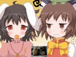  2girls animal_ears black_hair bowtie brown_eyes bunny bunny_ears bust carrot cat cat_ears chen derivative_work eating hat inaba_tewi jewelry maromi_gou multiple_girls necklace parody rabbit rabbit_ears red_eyes reference_photo short_hair touhou 