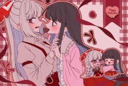  2girls blush bound bow brown_hair candy chocolate collared_shirt colored_inner_hair commentary_request eye_contact food food_in_mouth frilled_shirt_collar frilled_sleeves frills fujiwara_no_mokou grey_hair grey_shirt hair_bow happy_valentine heart heart-shaped_chocolate heart-shaped_food highres holding_hands houraisan_kaguya interlocked_fingers looking_at_another multicolored_hair multiple_girls ofuda ofuda_on_clothes pants pink_shirt red_eyes red_pants red_skirt rope shirt sitting skirt suspenders sweatdrop tamiko_(tamik0224) tied_up_(nonsexual) touhou valentine yuri 
