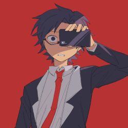  1boy bags_under_eyes blue_eyes blue_hair chaos;child chirp_co2 clenched_teeth dress_shirt hekiho_academy_school_uniform highres holding holding_phone jacket lapels male_focus miyashiro_takuru necktie notched_lapels open_clothes open_collar open_jacket phone red_necktie scared school_uniform science_adventure shirt simple_background solo teeth upper_body white_shirt wide-eyed 