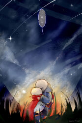  2019 2boys 2d armor artist_name black_shorts blue_jacket blue_shorts brothers cape commentary dated digital_media duo english_commentary english_text gloves grey_hood hood hood_down hooded_jacket hug humanoid jacket male male_focus male_only monster monster_boy multiple_boys negative_space night night_sky open_clothes open_jacket outdoors papyrus_(undertale) red_cape red_gloves sans_(undertale) shirt shorts siblings single_vertical_stripe skeleton sky squatting standing star_(sky) striped_shorts teeth text undead undertale utdr_(toby_fox) veah3 vertical-striped_clothes vertical-striped_shorts white_armor white_shirt white_stripes 