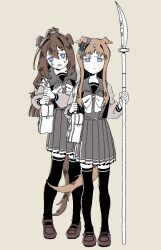  2girls animal_ears bag black_thighhighs blue_eyes brown_hair commentary ear_ribbon el_condor_pasa_(umamusume) frown furrowed_brow grass_wonder_(umamusume) highres holding holding_polearm holding_weapon horse_ears horse_girls horse_tail loafers looking_at_viewer multiple_girls naginata oo_sungnim pleated_skirt polearm school_bag school_uniform serafuku shoes skirt sweatdrop tail tears thigh-highs tracen_school_uniform umamusume untranslatable_commentary weapon 