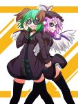  alternate_costume animal_ears black_legwear black_thigh-highs cato_(monocatienus) choujuu_gigaku dress fang glasses green_eyes green_hair grin hand_holding hat highres holding_hands interlocked_fingers kasodani_kyouko long_sleeves monocatienus multiple_girls mystia_lorelei open_mouth pink_hair short_hair smile sunglasses symposium_of_post-mysticism thigh-highs thighhighs touhou wings yellow_eyes zettai_ryouiki 