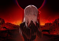  1girl amiably_02 black_dress breasts corruption crazy_smile dark_persona dark_sakura dress fate/stay_night fate_(series) hair_ribbon hands_on_own_face hashtag-only_commentary heaven's_feel long_hair looking_at_viewer matou_sakura open_mouth red_background red_eyes red_hair red_ribbon ribbon smile solo striped_clothes striped_dress vertical-striped_clothes vertical-striped_dress white_hair wide-eyed 