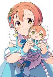  1girl blue_dress blue_flower blue_wrist_cuffs blush butterfly_earrings character_doll closed_mouth commentary_request doll dress earrings flower hair_flower hair_ornament highres holding holding_stuffed_toy hoshizora_rin jewelry leaning_forward looking_at_viewer love_live! love_live!_school_idol_project orange_hair sen_(sen0910) short_hair simple_background smile solo stuffed_toy white_background wrist_cuffs yellow_eyes 