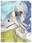  blue_eyes blue_hair bullet bullet_in_mouth from_behind hair_ornament hairclip kame^^ mouth_hold portrait rough shinon_(sao) short_hair solo sword_art_online 