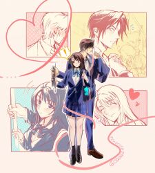  ! 1boy 1girl 2boys 2girls bag black_hair black_shoes black_socks blue_bow blue_bowtie blue_eyes blue_jacket blue_necktie blue_pants blue_skirt bow bowtie breasts brown_hair brown_shoes character_charm charm_(object) closed_eyes collared_shirt commentary_request final_fantasy final_fantasy_viii final_fantasy_x full_body grey_eyes hand_to_own_mouth highres jacket light_blush loafers long_hair medium_breasts multicolored_hair multiple_boys multiple_girls necktie open_mouth pants parted_bangs pleated_skirt pupu_(ff8) rinoa_heartilly sayaendou0426 scar scar_on_face scar_on_forehead school_uniform shirt shoes short_hair shoulder_bag skirt smile socks spoken_exclamation_mark squall_leonhart streaked_hair striped_bow striped_bowtie striped_clothes suit_jacket tidus train_interior turning_head twintails upper_body white_shirt yuna_(ff10) 