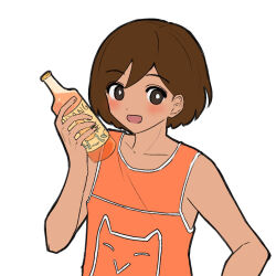  1boy :d bare_arms bare_shoulders blush bottle bright_pupils brown_eyes brown_hair collarbone commentary_request double-parted_bangs fingernails flat_color hair_behind_ear hair_between_eyes hand_up highres holding holding_bottle juice kel_(faraway)_(omori) kel_(omori) looking_at_viewer male_focus omori open_mouth orange_joe_(omori) orange_juice orange_tank_top short_hair simple_background smile solo tank_top tareme true_erg upper_body white_background white_pupils white_trim 