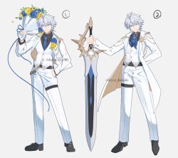  1boy aiguillette alternate_costume antenna_hair artist_name ascot belt black_belt black_shirt black_shoes blue_ascot blue_eyes blue_flower blue_gem blue_necktie blue_rose bouquet buttons collared_shirt commentary_request crossed_bangs dawnmaker_(honkai:_star_rail) epaulettes floating_clothes flower flower_ornament formal_clothes full_body gem grey_background grey_hair hair_between_eyes hand_in_pocket hand_up highres holding holding_bouquet holding_sword holding_weapon honkai:_star_rail honkai_(series) jacket jewelry kzsx_hiroki lapels leaf long_sleeves looking_at_viewer male_focus multiple_views necktie numbered open_clothes open_jacket pants pendant phainon_(honkai:_star_rail) rose shirt shoes short_hair simple_background smile standing suit suit_jacket sun_ornament sword teeth thigh_strap two-sided_fabric two-sided_jacket vest weapon white_jacket white_pants white_vest yellow_flower yellow_jacket yellow_rose 