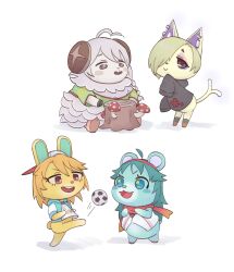  4girls ahoge animal_crossing animal_ear_piercing animal_ears animal_nose ball bandana bandana_around_neck bear_ears bear_girl black_hoodie blonde_hair blue_eyes brown_eyes brown_hair cat_ears cat_girl cat_tail character_request chibi chibi_only closed_mouth commentary_request furrification furry furry_female green_shirt grey_hair hair_over_one_eye hairband highres hood hoodie hoshi_syoko idolmaster idolmaster_cinderella_girls kicking multiple_girls mushroom open_mouth parody rabbit_ears rabbit_girl red_bandana red_hairband sheep_girl shirasaka_koume shirt short_hair simple_background sitting smile soccer_ball standing star_(symbol) star_in_eye symbol_in_eye tail tail_wagging tree_stump white_background yuihan-nyanchu yuuki_haru 