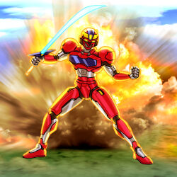  1boy armor breastplate commentary_request danzaiver energy_sword eretzvaju full_armor full_body gauntlets glowing glowing_eyes glowing_sword glowing_weapon helmet highres holding holding_sword holding_weapon jiggeh male_focus pauldrons power_armor red_armor red_helmet shoulder_armor solo sword tokusatsu weapon 