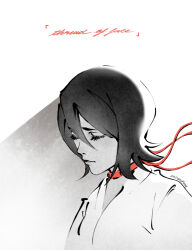  1girl artist_name black_hair bleach breasts closed_eyes english_text hair_between_eyes kuchiki_rukia medium_breasts medium_hair monochrome neck_ribbon red_ribbon ribbon sad shirohakune shirt sketch solo string string_of_fate upper_body white_background white_shirt 