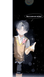  black_hair child chromatic_aberration collared_shirt cowboy_shot curtained_hair english_text highres kim_dokja lantercat looking_at_viewer night offering_hand oldest_dream omniscient_reader's_viewpoint outstretched_hand red_pupils shirt short_hair sky smile smiley_face star_(sky) starry_sky vest white_shirt yellow_vest 