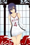  bandage bandages bare_shoulders basketball_uniform blue_hair brown_eyes clothes_writing highres jersey kanbaru_suruga monogatari_(series) nisemonogatari nisemonogatarirn short_hair smile solo sportswear translation_request 