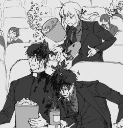  1girl 6+boys ahoge artoria_pendragon_(fate) chair commentary_request cup dirty dirty_face disposable_cup emiya_kiritsugu faceless faceless_male fate/zero fate_(series) feet_on_chair food gilgamesh_(fate) greyscale gyogyo_hjj highres implied_yaoi iskandar_(fate) jacket jewelry korean_commentary kotomine_kirei kotomine_kirei_(fate/zero) monochrome multiple_boys necklace ponytail popcorn priest saber_(fate) saber_(fate/zero) shared_drink spilling suit tohsaka_tokiomi waver_velvet 