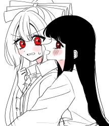  2girls absurdres blush collared_shirt commentary_request fujiwara_no_mokou highres houraisan_kaguya hug hug_from_behind long_hair long_sleeves multiple_girls open_mouth red_eyes shirt smile spot_color suspenders sweatdrop tamiko_(tamik0224) touhou yuri 