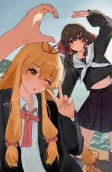  2girls alternate_costume black_jacket blonde_hair blue_sky bow bowtie brown_hair chinese_commentary closed_mouth collared_shirt commentary_request content_rating day frilled_bow frills hair_bow hair_ribbon hair_tubes hakurei_reimu jacket jin_jin_jin_jin long_hair long_sleeves looking_at_viewer midriff_peek multiple_girls navel neckerchief one_eye_closed open_clothes open_jacket outdoors pink_bow pink_bowtie red_bow red_eyes red_ribbon ribbon school_uniform shirt sky touhou v very_long_hair white_neckerchief white_shirt yakumo_yukari yellow_eyes 