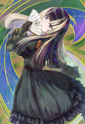  1girl absurdres black_dress black_hair blue_eyes closed_mouth dress frilled_dress frills grey_streaks hand_fan highres holding holding_fan hololive hololive_dev_is juufuutei_raden juufuutei_raden_(1st_costume) long_hair looking_at_viewer multicolored_hair paper_fan sidelocks smile solo streaked_hair takotakochan_1006 virtual_youtuber 